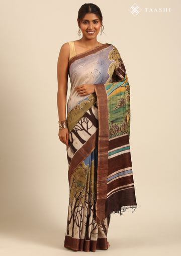 Brown Hand-Painted Pure Tussar Silk Saree with Zari Border