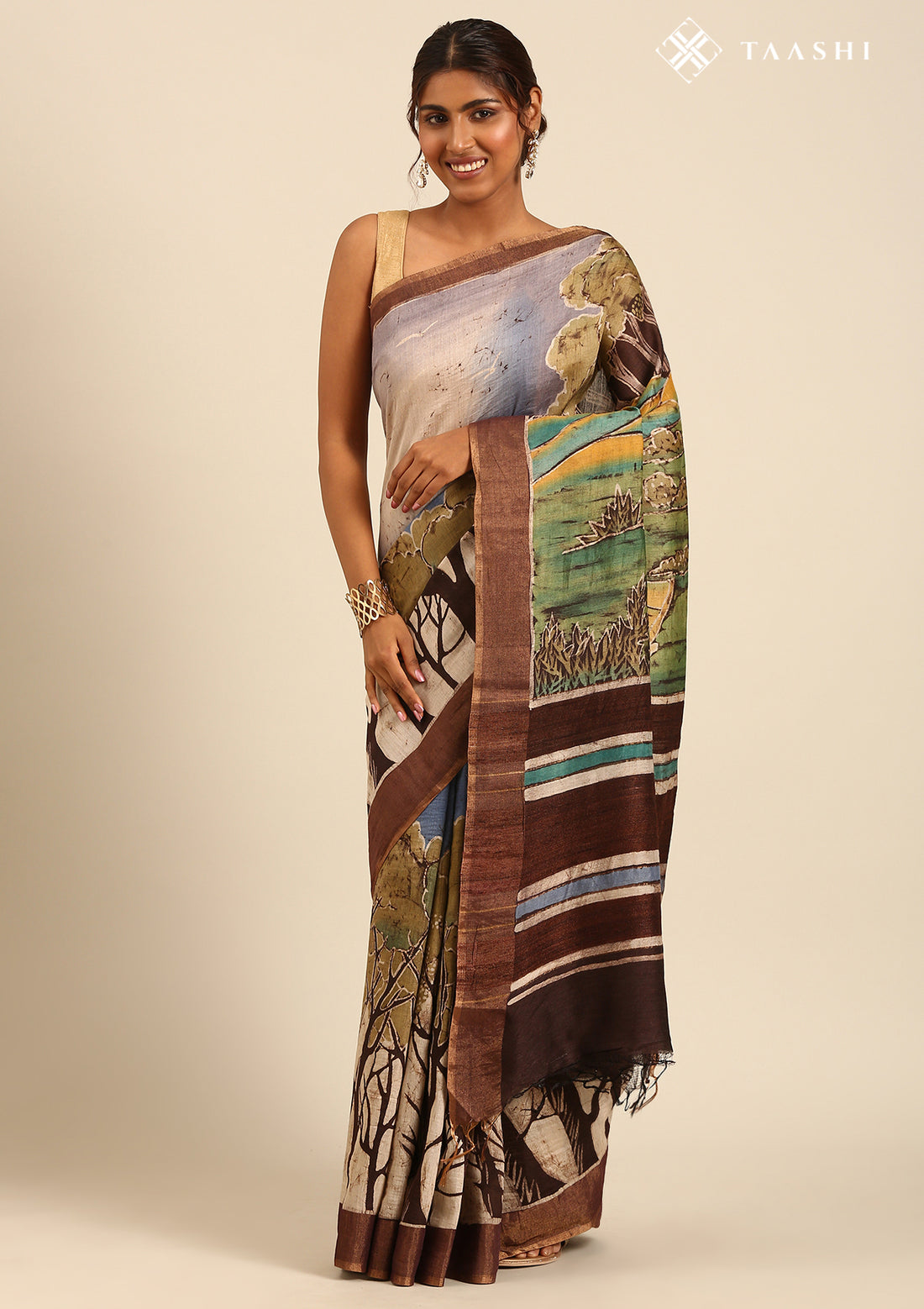 Brown Abstract Printed Tussar Saree