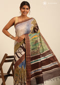 Brown Hand-Painted Pure Tussar Silk Saree with Zari Border - Taashi