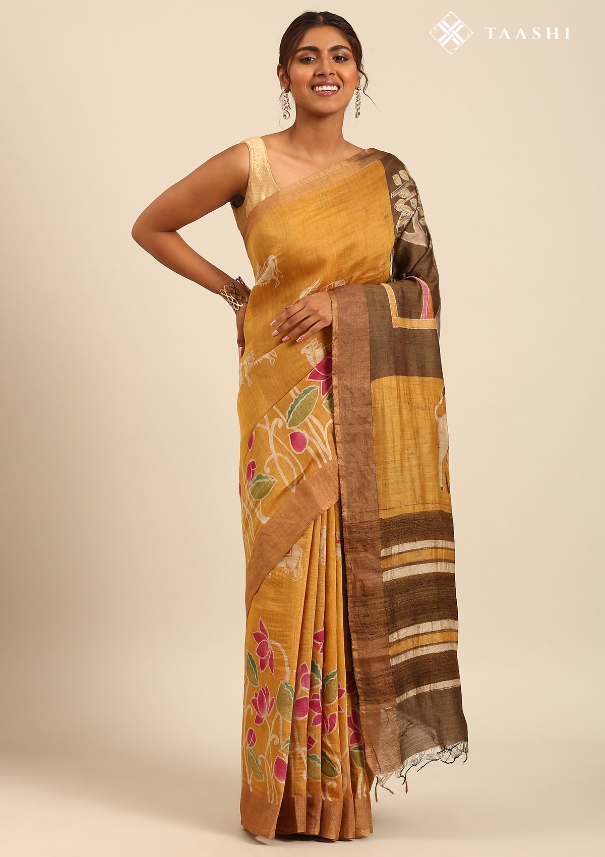 Dusty Green Hand-Painted Pure Tussar Silk Saree with Zari Border