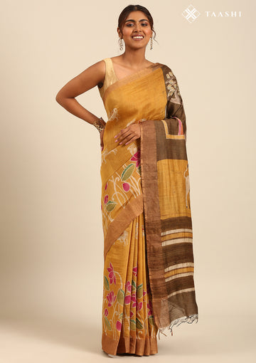 Dusty Green Hand-Painted Pure Tussar Silk Saree with Zari Border