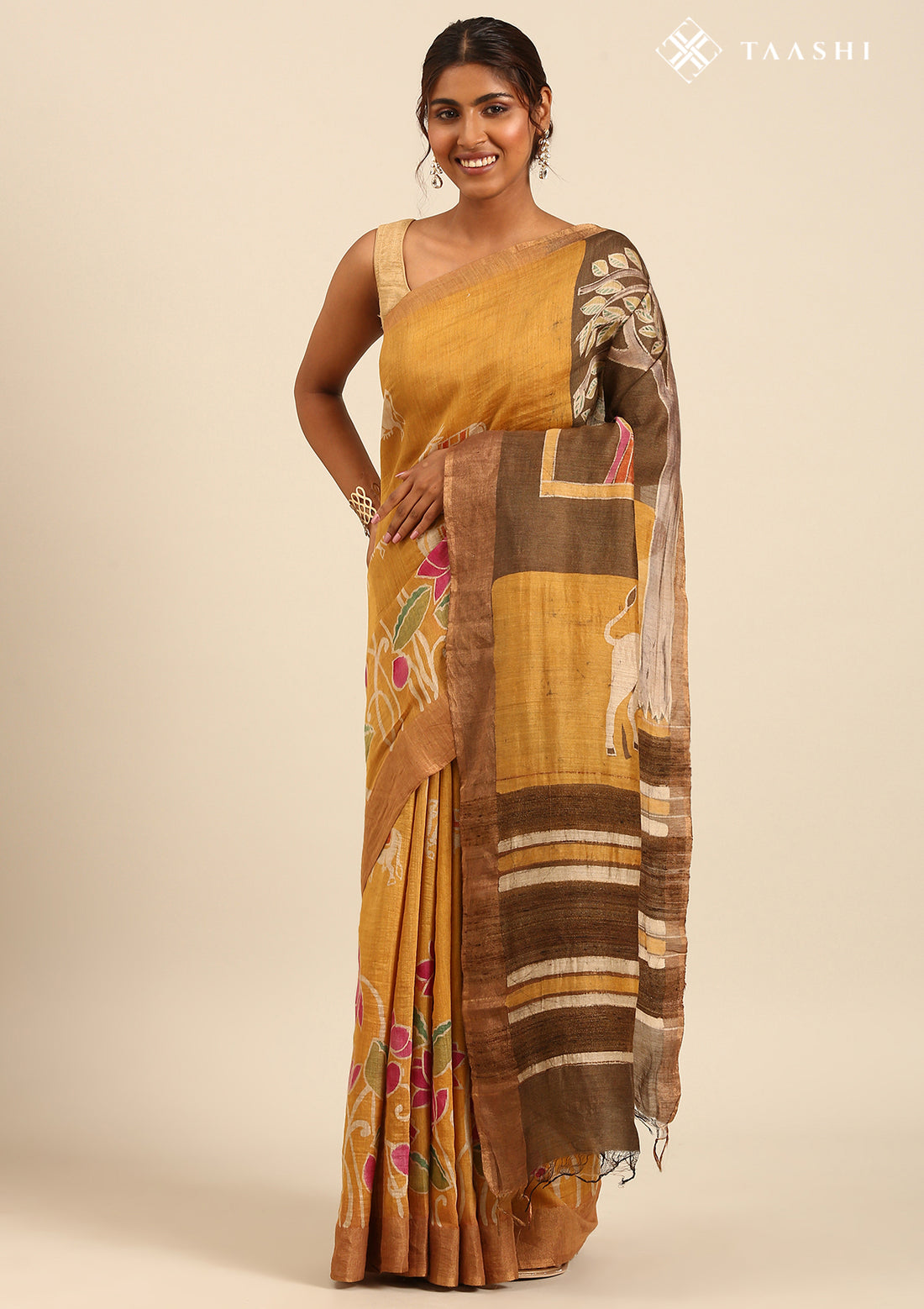Dusty Green Abstract Printed Tussar Saree