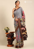Dusty Blue Hand-Painted Pure Tussar Silk Saree with Zari Border - Taashi