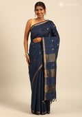 Midnight Blue Thread-Woven Butta Tussar Saree - Taashi