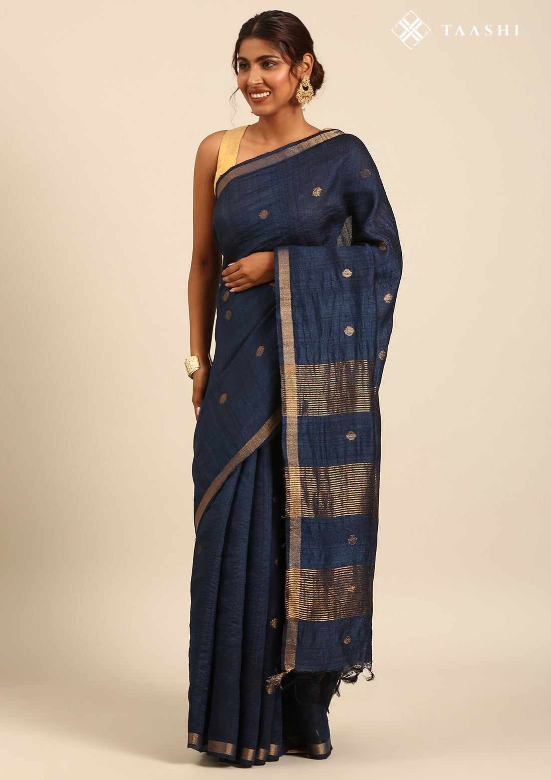 Midnight Blue Thread-Woven Butta Tussar Saree