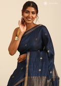 Midnight Blue Thread-Woven Butta Tussar Saree - Taashi