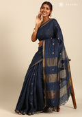 Midnight Blue Thread-Woven Butta Tussar Saree - Taashi