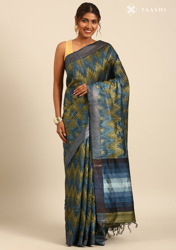 Blue / Green Zigzag Printedtussar Saree
