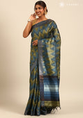 Blue / Green Zigzag Printedtussar Saree - Taashi