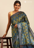 Blue / Green Zigzag Printedtussar Saree - Taashi