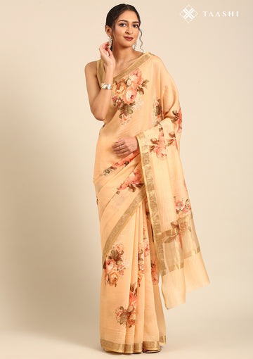 Peach Floral Printed Tussar Saree