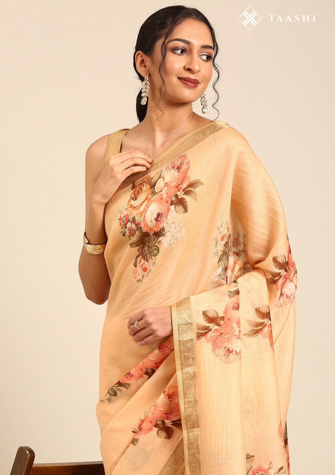 Peach Floral Printed Tussar Saree