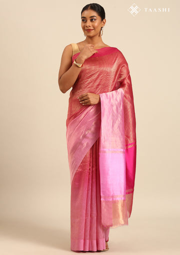 Zari Striped Dark Pink And Pink Tussar Saree