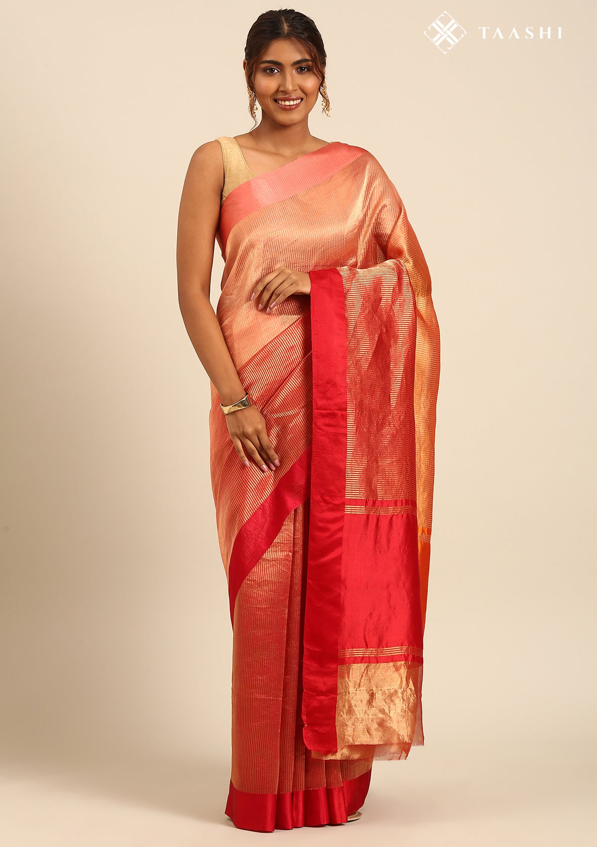Orange And Red And Golden Striped Party Wear Tussar Saree 