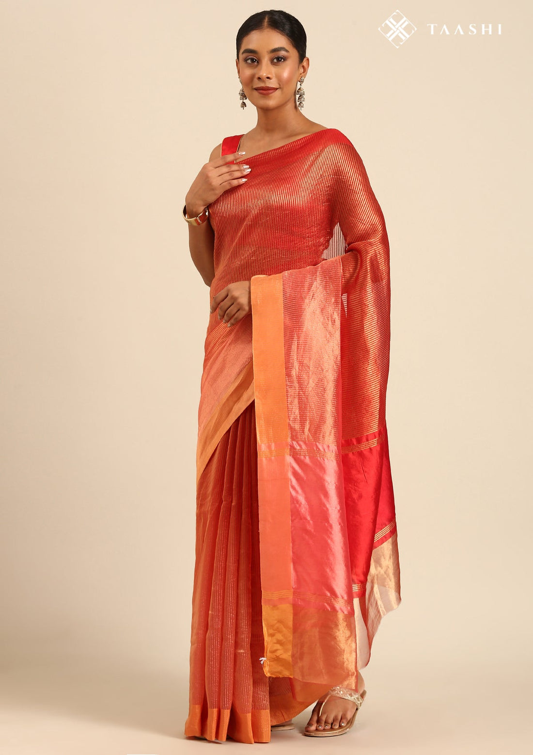 Ombre Red Orange Pure Tissue Woven Saree