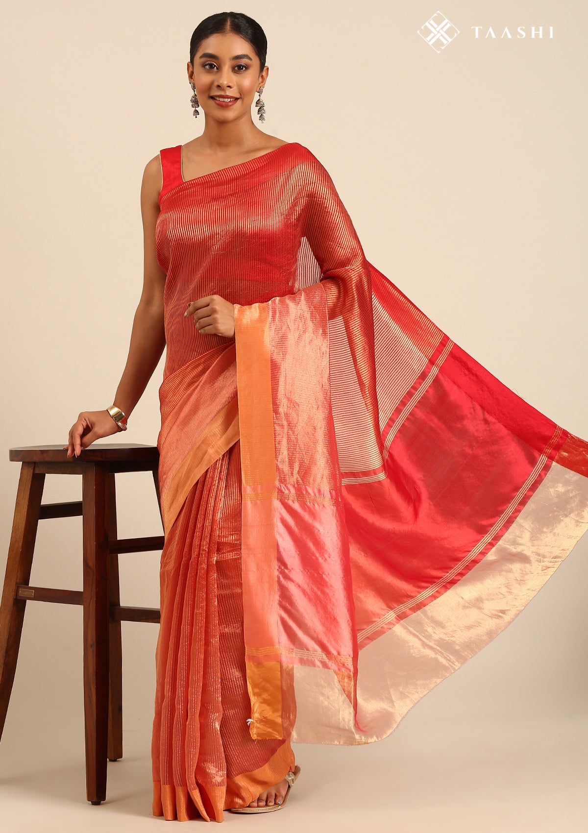 Red And Golden Striped Party Wear Tussar SareeÂ  - Taashi