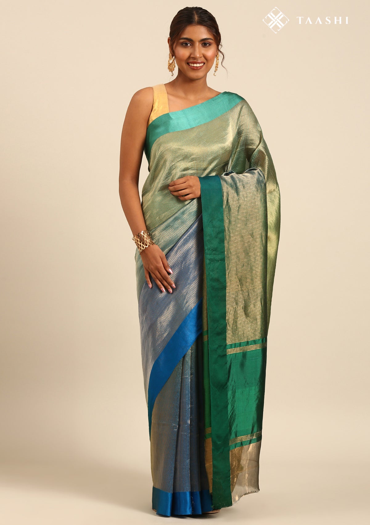 Dark Green, Dark Blue And Golden Striped Party Wear Tussar SareeÂ  - Taashi