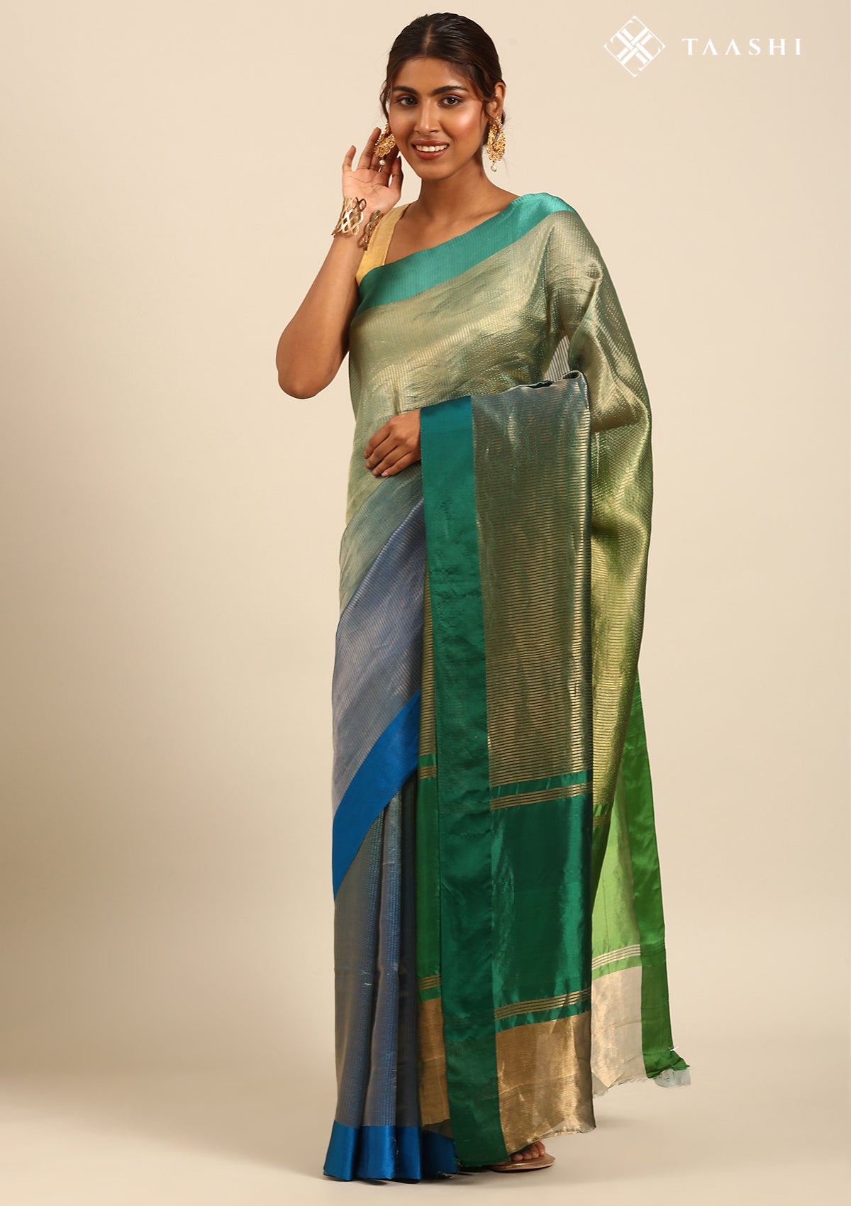 Dark Green, Dark Blue And Golden Striped Party Wear Tussar SareeÂ  - Taashi