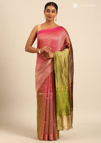 Pink Olive Green Ombre Pure Tissue Woven Saree