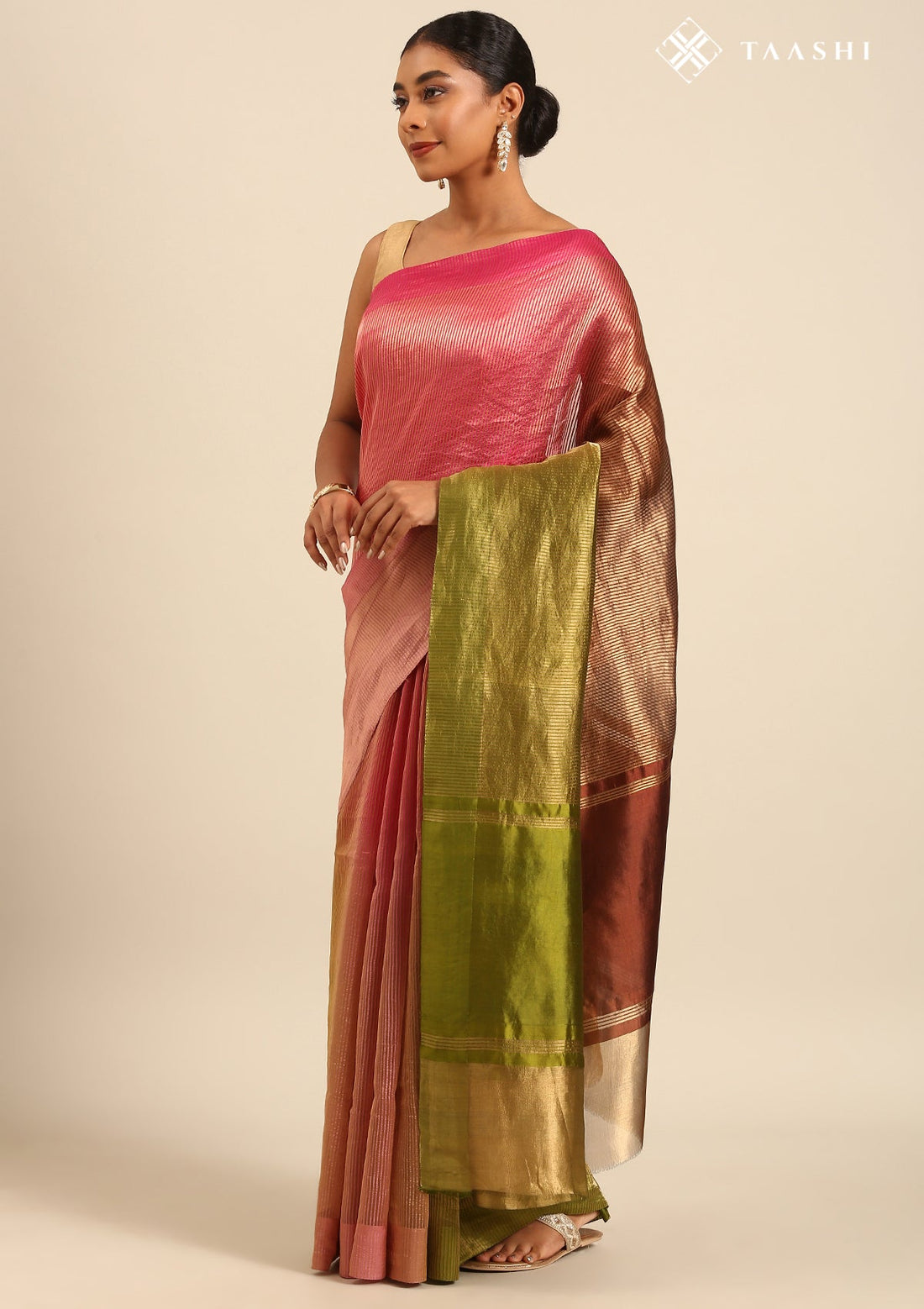 Pink Olive Green Ombre Pure Tissue Woven Saree