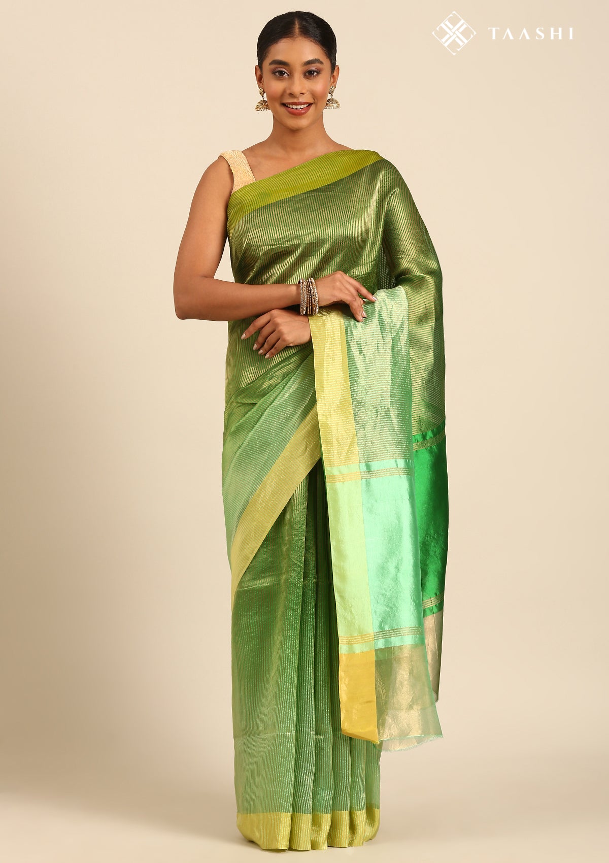 Zari Striped Green And Green Tussar Saree