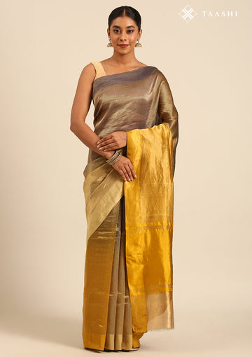 Zari Striped Heena And Yellow Tussar Saree