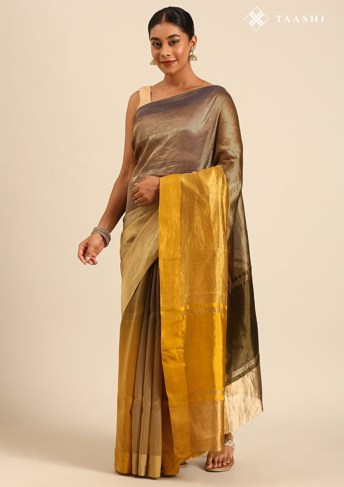 Olive Green Blue Ombre Pure Tissue Woven Saree