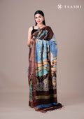 Dusty Blue Hand-Painted Pure Tussar Silk Saree with Zari Border - Taashi