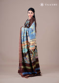 Dusty Blue Hand-Painted Pure Tussar Silk Saree with Zari Border - Taashi