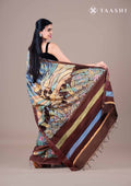 Dusty Blue Hand-Painted Pure Tussar Silk Saree with Zari Border - Taashi