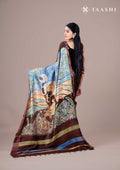 Dusty Blue Hand-Painted Pure Tussar Silk Saree with Zari Border - Taashi