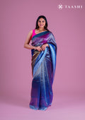 Zari Striped Dusty Blue And Dark Blue Tussar Saree - Taashi