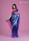 Zari Striped Dusty Blue And Dark Blue Tussar Saree - Taashi