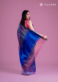 Zari Striped Dusty Blue And Dark Blue Tussar Saree - Taashi
