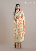 Pastel Yellow Tulip Flower Printed Tussar Saree - Taashi