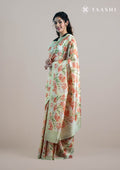 Pastel Yellow Tulip Flower Printed Tussar Saree - Taashi