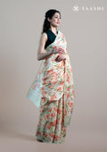 Pastel Yellow Tulip Flower Printed Tussar Saree - Taashi