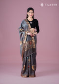 Dusty Lavender Floral Printed Tussar Saree - Taashi
