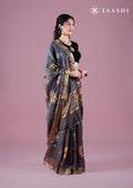 Dusty Lavender Floral Printed Tussar Saree - Taashi