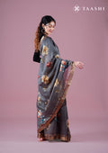 Dusty Lavender Floral Printed Tussar Saree - Taashi