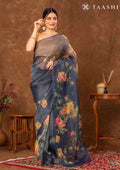Midnight Blue Floral Printed Tissue Organza Saree - Taashi