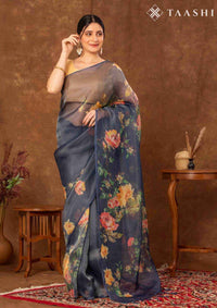 Navy Blue Tissue Contemporary Printed Saree