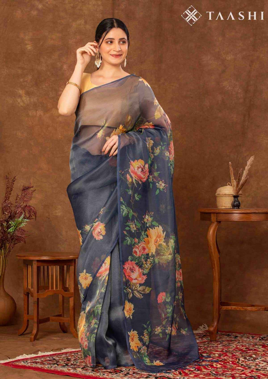 Navy Blue Tissue Contemporary Printed Saree