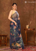Midnight Blue Floral Printed Tissue Organza Saree - Taashi
