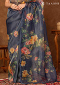 Midnight Blue Floral Printed Tissue Organza Saree - Taashi