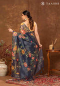 Midnight Blue Floral Printed Tissue Organza Saree - Taashi
