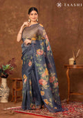 Midnight Blue Floral Printed Tissue Organza Saree - Taashi