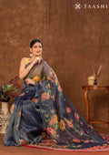 Midnight Blue Floral Printed Tissue Organza Saree - Taashi
