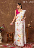 Off White Floral Printed Crepe Saree - Taashi