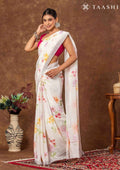 Off White Floral Printed Crepe Saree - Taashi